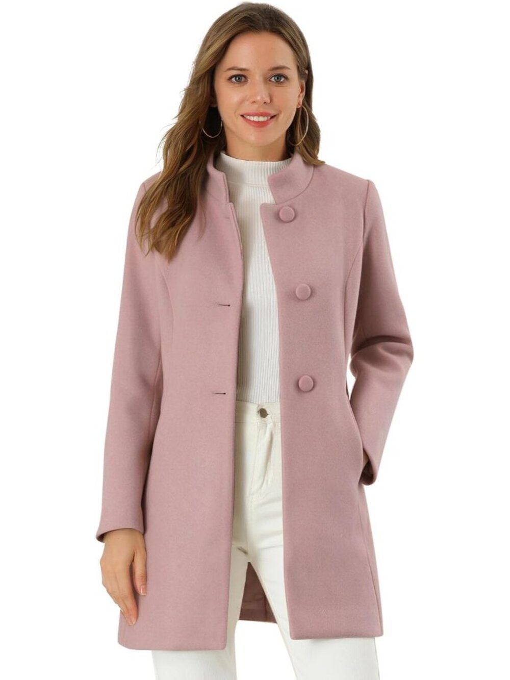 Women's Grey Pink Winter Overcoat Mid Long Stand Single Breasted Soft Pea Coat